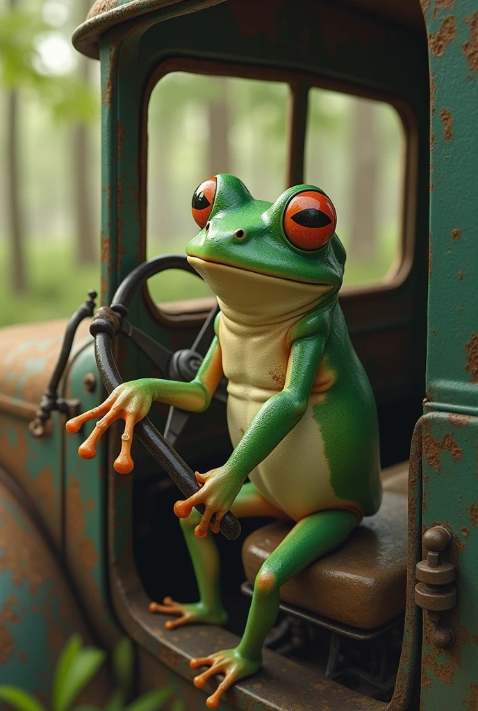 Retro Images,Storytelling,Tree frog,Ultra-realistic,high resolution,Frog is driving a truck