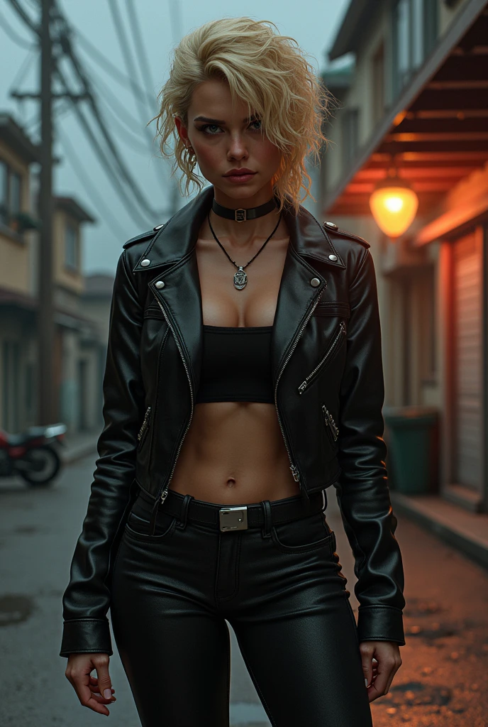 a bad grill girl, androgen, very muscular and defined, short mullet hair, curly, dark blonde, with light in black jacket and pants, with a motorbike behind me, on an empty street with a single streetlight lit