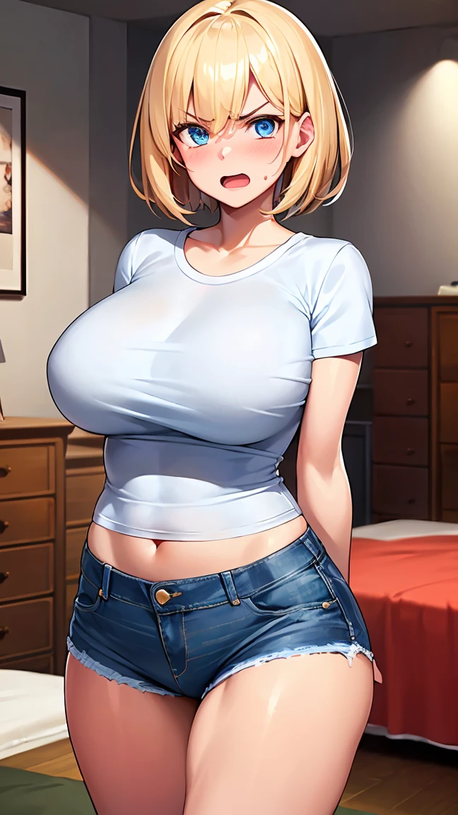 looking at viewer, eyes closed,(gleaming skin:1.3), blush, angry, A girl with blonde short hair, tan skin, sky-blue eyes, open mouth, wearing a white bikini, breast,standing, (bedroom:1.6). arms behind back. 1girl, extremely detailed CG, super detailed skin, perfect anatomy, dynamic lighting, beautiful detailed eyes, Top quality、Realistic、woman、milf 、Beautiful Eyes、Symmetrical eyes、(shy:1.4)、 (Big breasts bigger than face、curvy body:1.2)、 (Plain white short sleeve t-shirt、denim:1.6), (wariza, on a bed:1.5)、