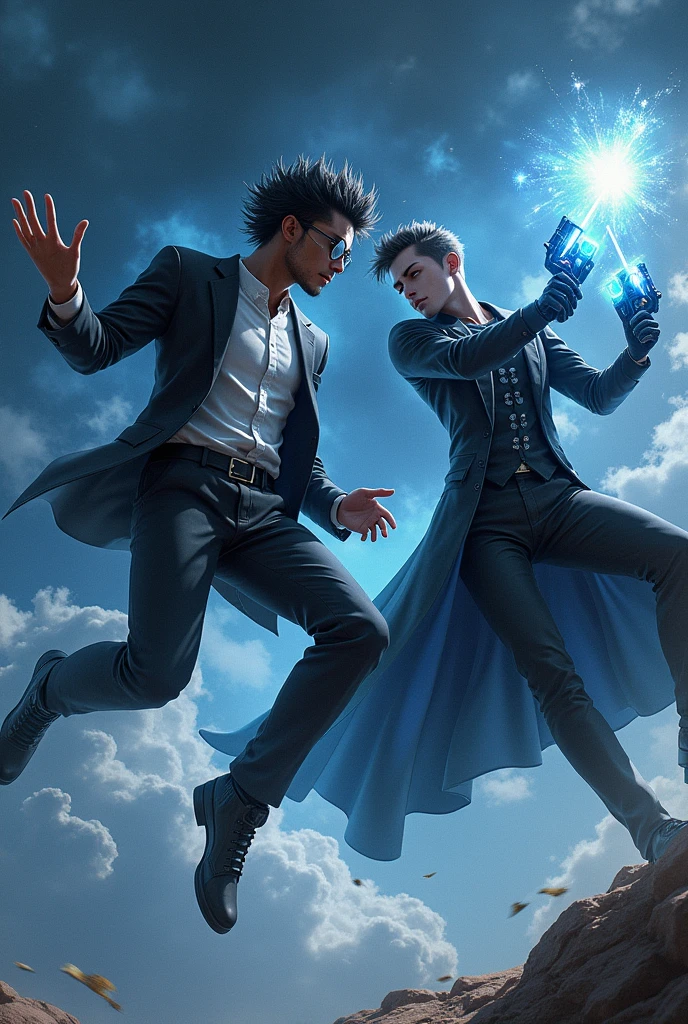 Make an image of an black guy wearing a black and red evil suit with a magical stick in hand having spiritual power and wearing circular glasses and having very good looking and anime hair levitating in the sky background black and cloudy weather anime style fighting with a guy wearing black and blue suit has nanotechnology and has beam in hands cinematic shor