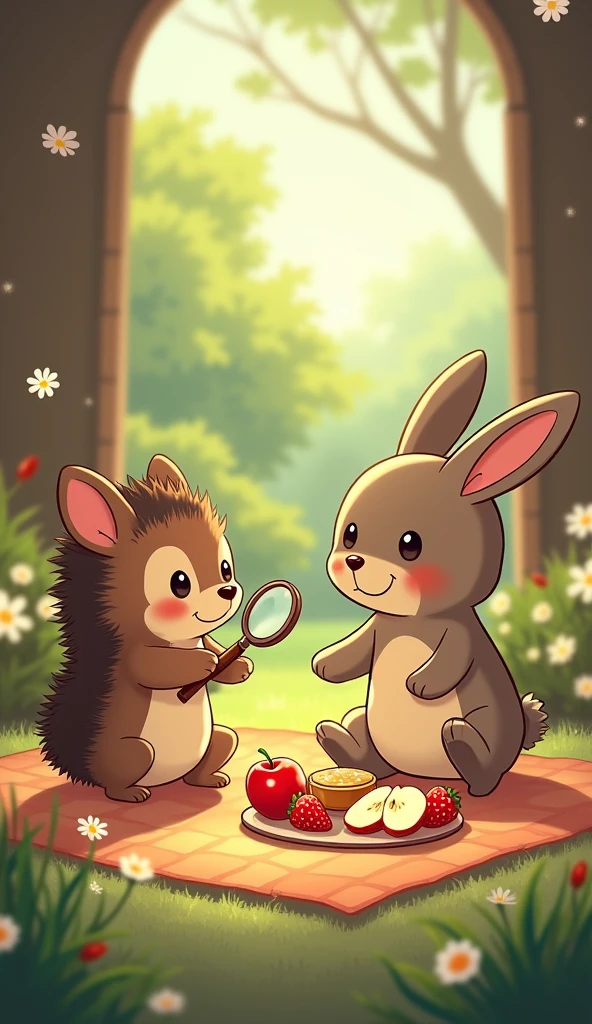 Finally, Pico spots mysterious footprints! With a renewed sense of determination, the little hedgehog follows the trail, magnifying glass in paw. The footprints wind through the room, out the door, and into the garden. As Pico carefully tracks the clues, the suspense builds—until the mystery is solved!
Pico's friend, Momo the rabbit, is found happily preparing for a surprise picnic, complete with Pico’s favorite snacks—juicy strawberries and apple slices. Momo, with a warm smile, reveals that she had taken the treats to set up a special picnic, hoping to surprise Pico with a fun day together.
Relief and joy wash over Pico as the two friends laugh about the adventure. The playful misunderstanding ends in a heartwarming scene: Pico and Momo enjoying their picnic under the sunshine, surrounded by a cozy blanket, delicious snacks, and the peaceful sound of nature. The surprise picnic turns out to be the perfect ending to Pico's detective journey, filled with friendship and fun!