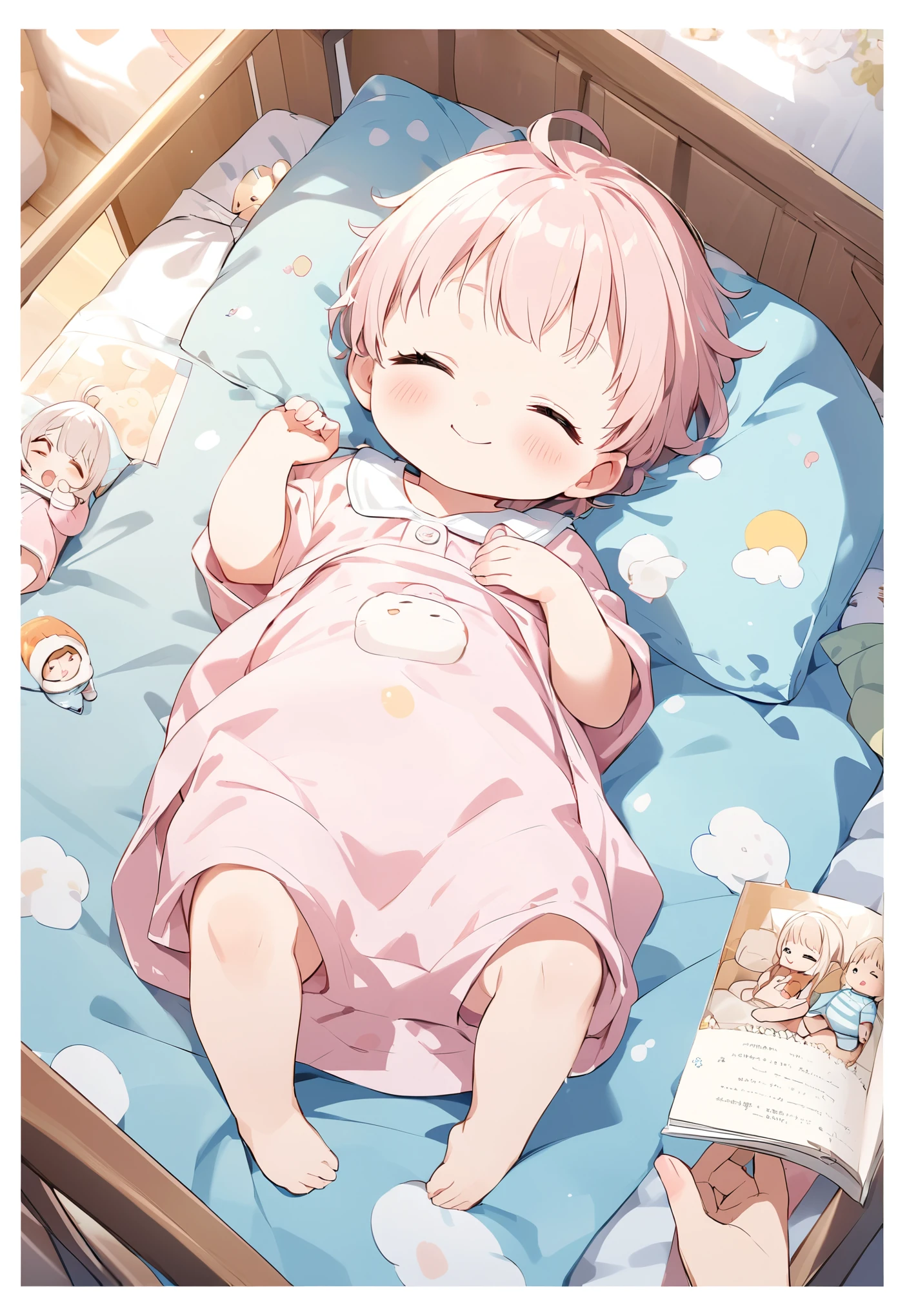 Baby sleeping in a baby bed、Holding a finger with a small hand、Cute smile、Light color、A page of memories、Happy scene