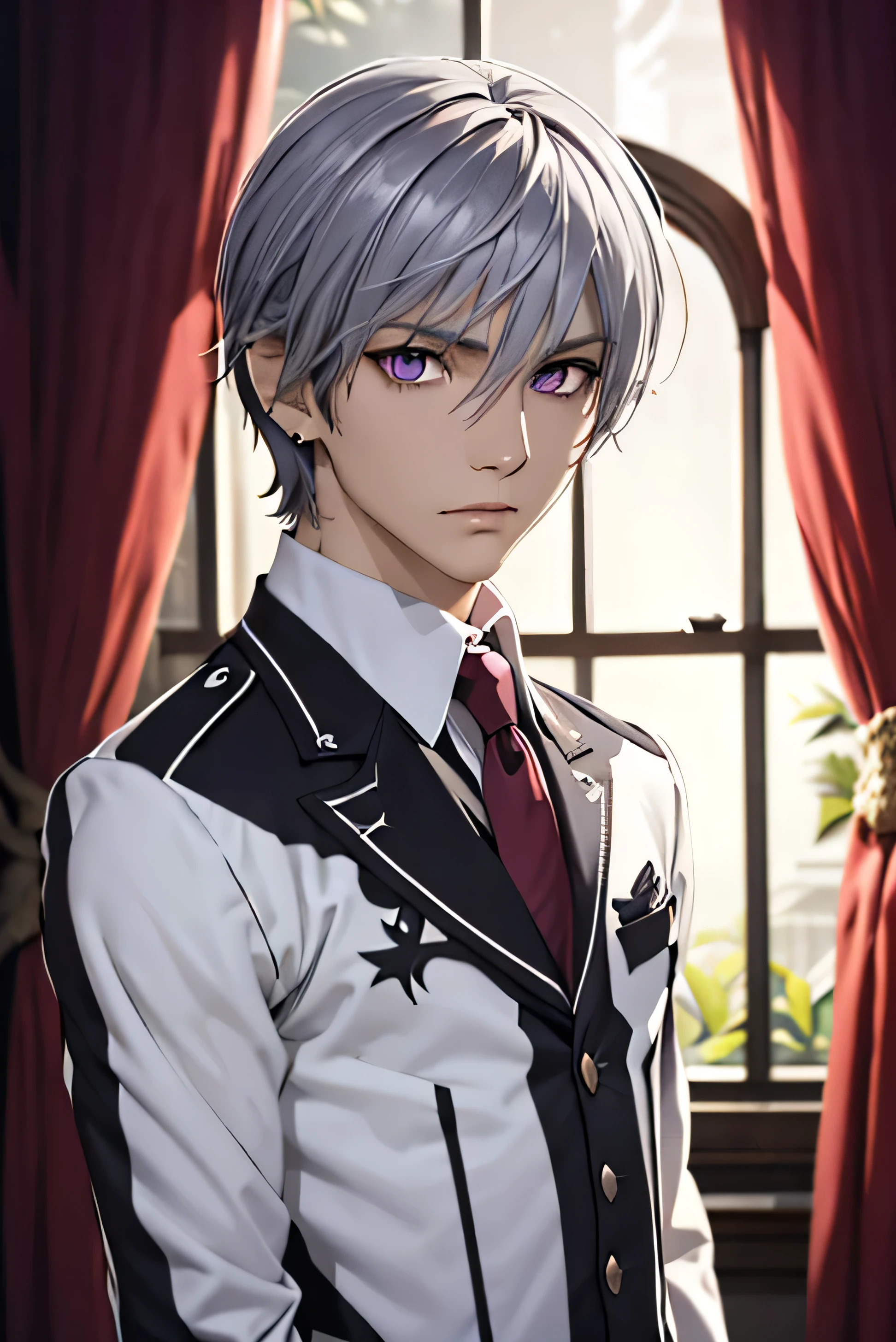 (absurdres, highres, ultra detailed, HDR), masterpiece, best quality, 1boy, solo, male focus, looking at viewer, upper body, depth of field, anime coloring, , zero_kiryuu, grey hair, purple eyes, finely eye and detailed face, window, purple curtains, black uniform, vampire knight, arms behind back, solid crimson background,