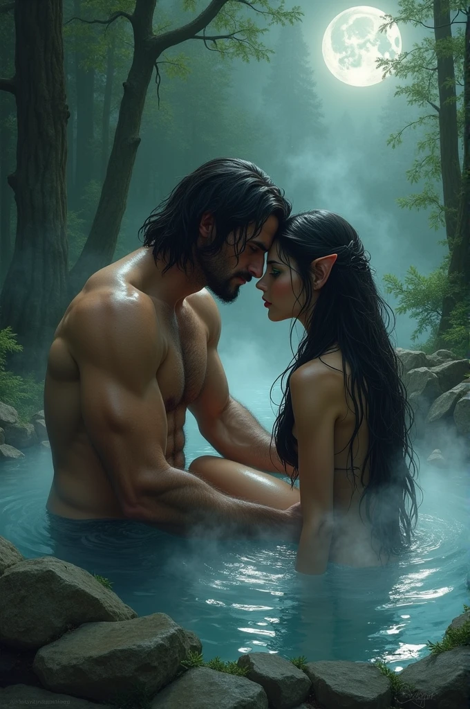 A wolf woman with green eyes and long unruly hair takes a night bath in a hot spring under the moonlight...in a deep forest, next to her is a handsome, strong man with shoulder-length black hair