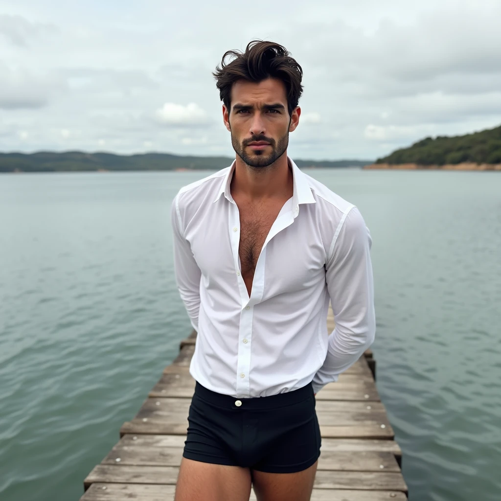 A white man, at 3, model type, with short dark hair, with clear eyes, wearing a fully buttoned black shirt and thong underwear, posing sideways, looking at the camera and showing her ass in a lake in Alentejo