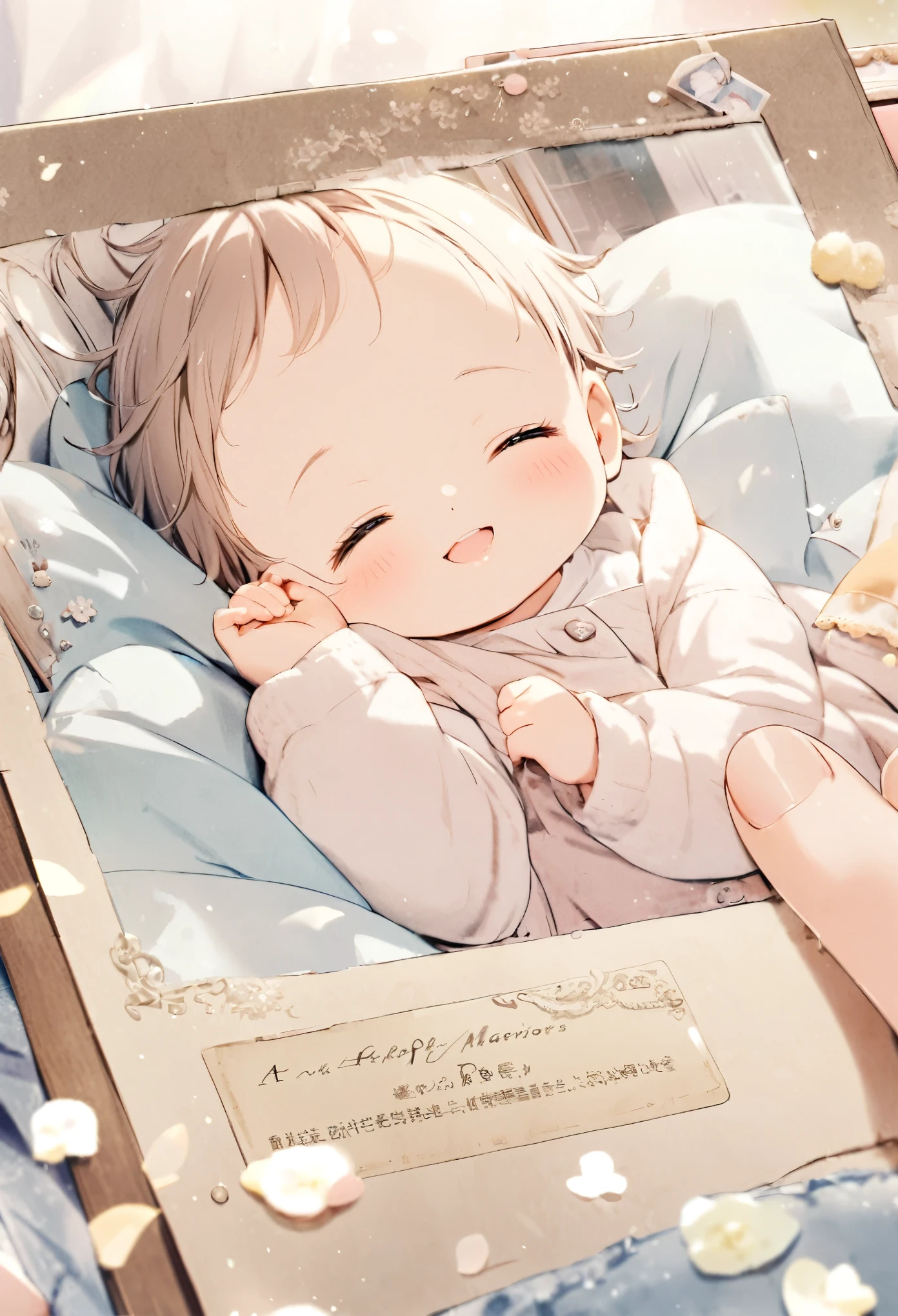 Baby sleeping in a baby bed、Holding a finger with a small hand、Cute smile、Light color、A page of memories、Happy scene