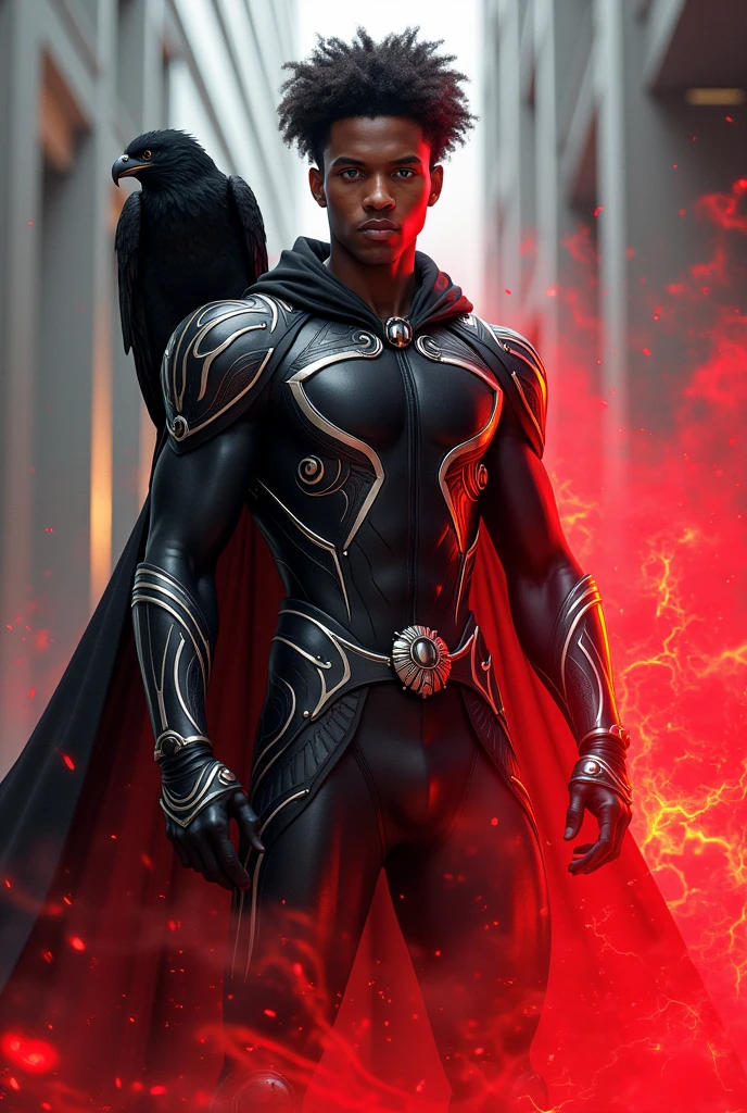Create an image of a young, Afro-Portuguese descent man, Futuristic Portugal black armor with white details, with a black cape and a look and short afro hair and blue eyes using red energy, A black eagle stands on his shoulder