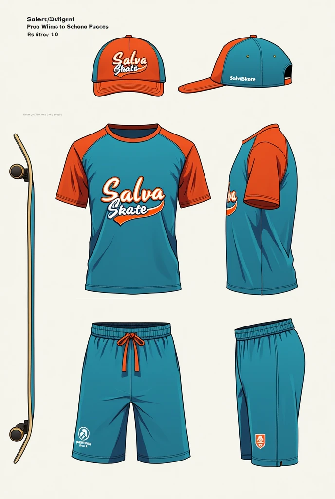 A uniform (cap, shirt and shorts) for a skateboarding project in the favela called "SalvaSkate"
Use models aged 6 to With this same image created now, but with the name "SalvaSkate" not uniform