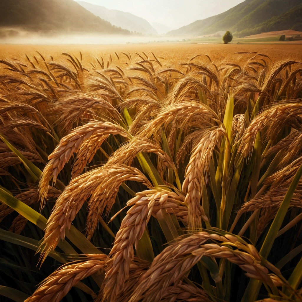 there are many stalks of rice in a field with mountains in the background, wheat fields, wheat field, high grain, immense wheat fields, on the vast wheat fields, straw, empty wheat field, detailed fields nature, rice, harvest, by Adam Marczyński, by Artur Tarnowski, foggy wheat field, vast wheat fields, strong grain