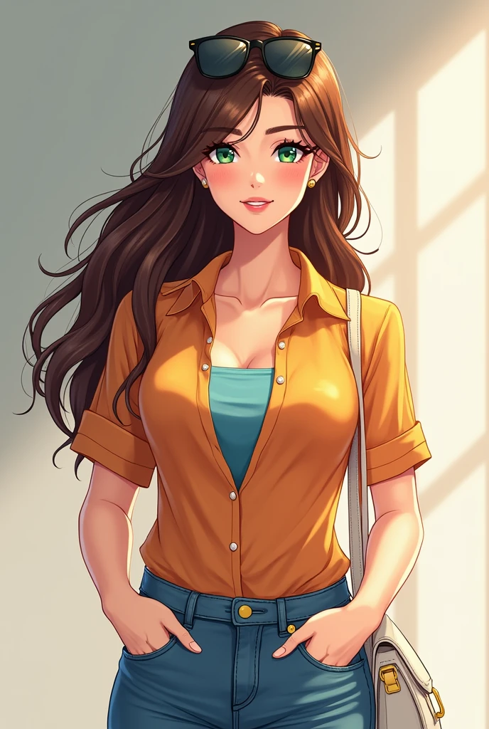 A beautiful 36-year-old anime fantasy lady who is rich, her brown straight hair sparkles in the light, her lips are like a beautiful smile, her cheeks are a little pink, she wears denim jeans and a short-sleeved mango-colored shirt with open buttons, with a sky blue top underneath. A precious white bag in her arm and stylish sun glasses on her head, she poses and looks at you with green shiny eyes