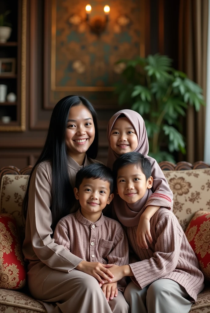 Portrait of indonesian family, (40 years old mom with long black hair), (20 years old girl wear hijab), ( girl wear hijab), (1 boy), ( boy), look at the viewer, realistic photograpy, sit on sofa in the decorative indoor studio, cinematic, hyper realistic, super detail, HD 8K.