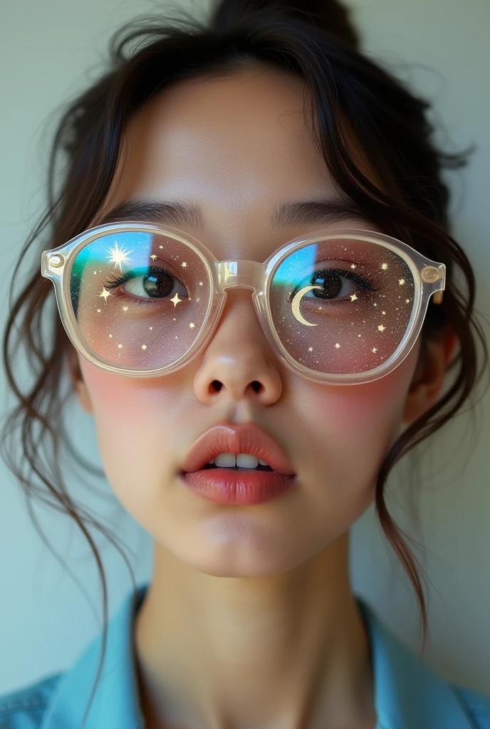 The model is wearing glass sunglasses with stars and the moon on the glass