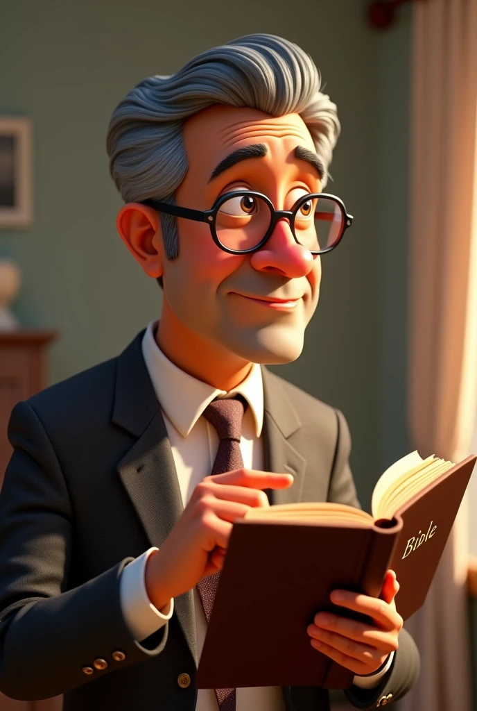 Create a Pixar-style image of a 53-year-old Latino man,brown skin, using reading glasses, gray curly hair, Side-parted hairstyle and formal dress, holding a bible in his left hand and pointing at the bible with his index finger of his right hand, smiling placidly, he has neither a beard nor a moustache, In the book it should only say BIBLE,without images