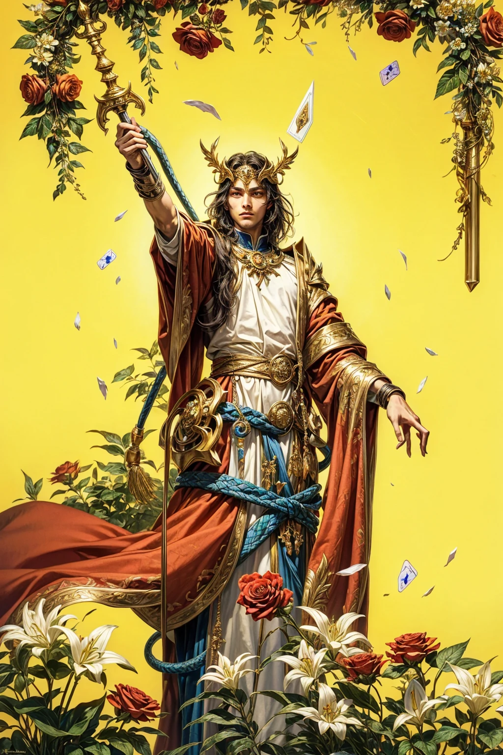 The Wizard is a young male character, with a calm and confident expression. He is standing, wearing a white robe symbolizing purity and a red cape representing power, passion and action. In his right hand raised to heaven, he holds a golden staff, channeling celestial energy to the earth, while his left hand points to the ground, representing the connection between the divine and the material.

The table in front of you is covered with a white cloth and on it rest the four symbols of the tarot suits.: a sword, a chalice, a coin and a stick, representing the four elements – air, water, earth and fire – and their respective influences on the world. The Magician demonstrates that he has all the resources and tools necessary to manifest his desires and achieve his goals..

The background of the card is a vibrant garden, full of flowers and vegetation, suggesting growth, potential and fertility. White lily flowers symbolize purity, while red roses represent passion and desire.

On the top of your head, there is an infinity symbol (lemniscate), representing eternal wisdom and the infinite cycle of energy. Around your waist, The Wizard wears a snake belt that bites its own tail, forming an ouroboros, another symbol of eternity.

The whole image is imbued with an aura of power and mastery, conveying the idea that the Magician is able to shape reality with his willpower and skill.

This card is rich in esoteric and magical symbols., representing the perfect balance between spirit and matter, and the power of the individual to manifest his intentions in the material world.