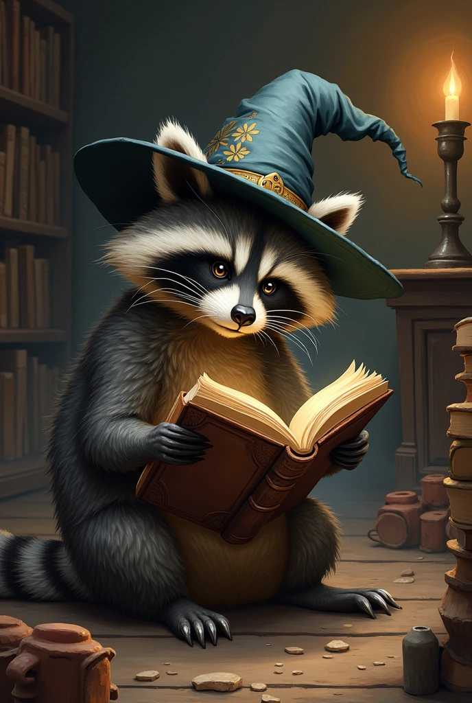 Raccoon with a wizard hat sitting reading a book with its tail between its legs