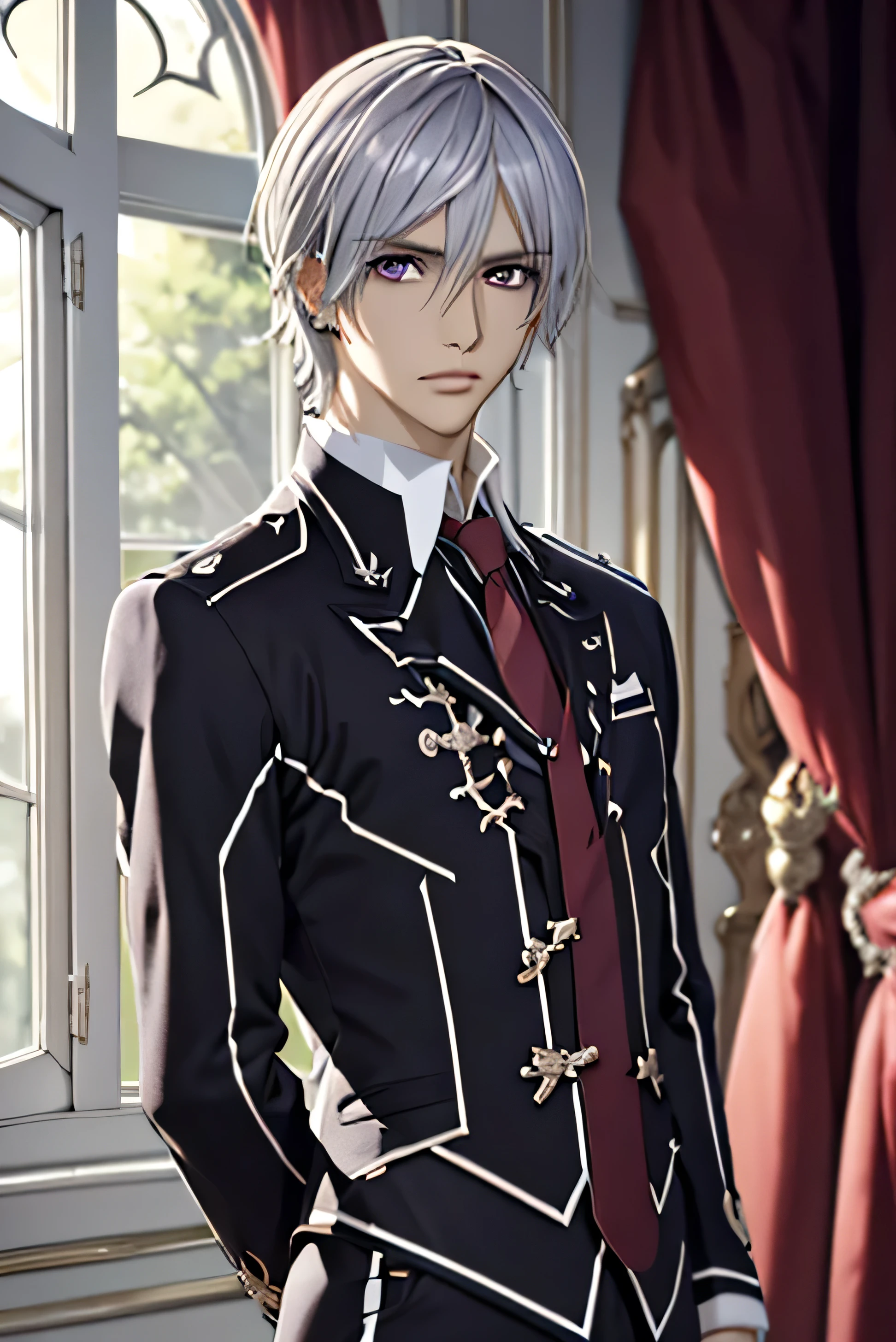 (absurdres, highres, ultra detailed, HDR), masterpiece, best quality, 1boy, solo, male focus, looking at viewer, upper body, depth of field, anime coloring, , zero_kiryuu, grey hair, purple eyes, finely eye and detailed face, window, purple curtains, black uniform, vampire knight, arms behind back, solid crimson background,