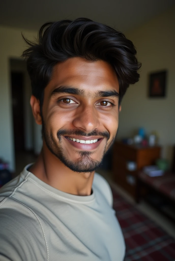 Dusky tamil nadu good looking guy in casuals in his home selfie in phone