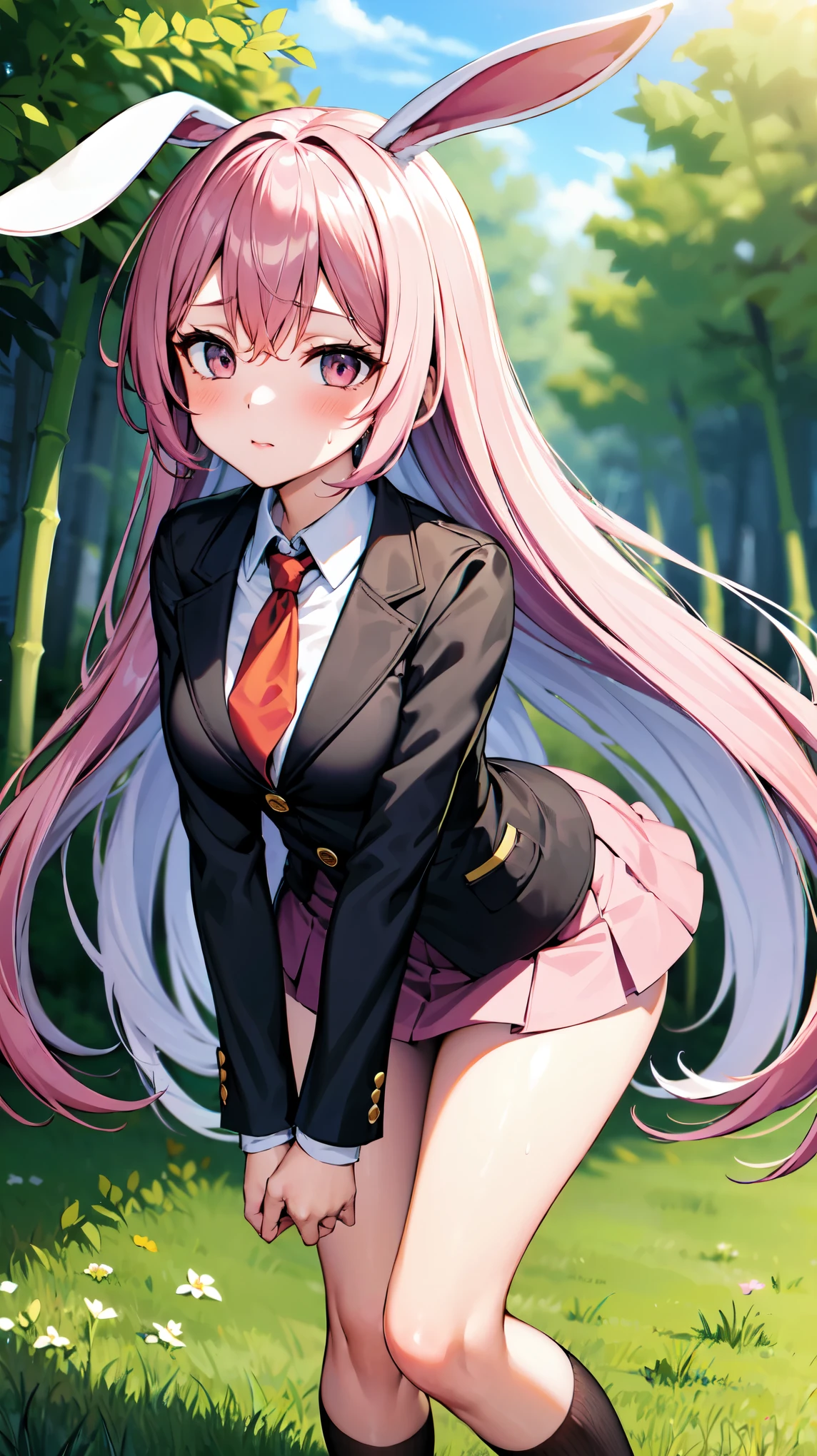 （（super high quality,Ultra-high resolution,16K,super masterpiece,Ultra HD,Ultra high definition,））One high school girl,White bunny ears,Very long straight purple hair,Slender body,Black blazer,White dress shirt,Long red tie,Pink mini skirt,White socks,blush,Looks at me so shyly,Leaning forward greatly,Hands tucked between the crotches,Sweaty,Bamboo forest in the morning sun,A strong wind is blowing,The wind messes up my hair and skirt,