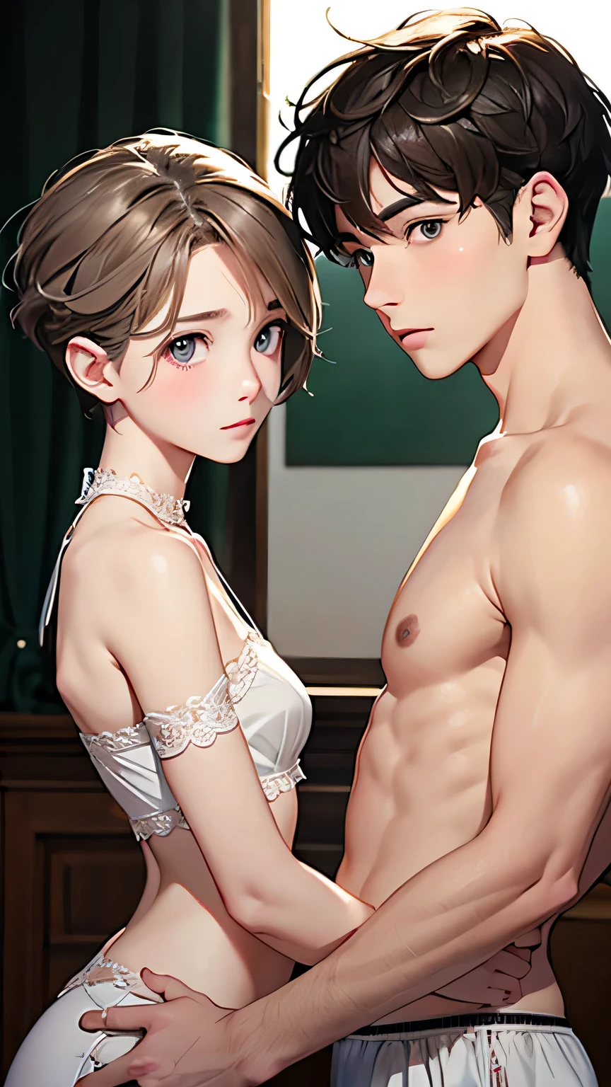 Highest quality、Realistic、zoom、male、twins、cute、Grey Eyes、Light brown hair、short hair、White briefs、thin、Gazing at each other、living、Bust Shot