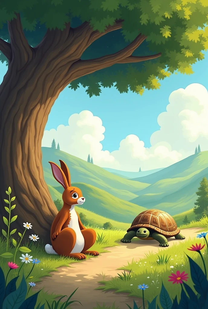 The rabbit and the turtle were racing until the rabbit fell asleep under a big tree, allowing the turtle to reach the finish line first.