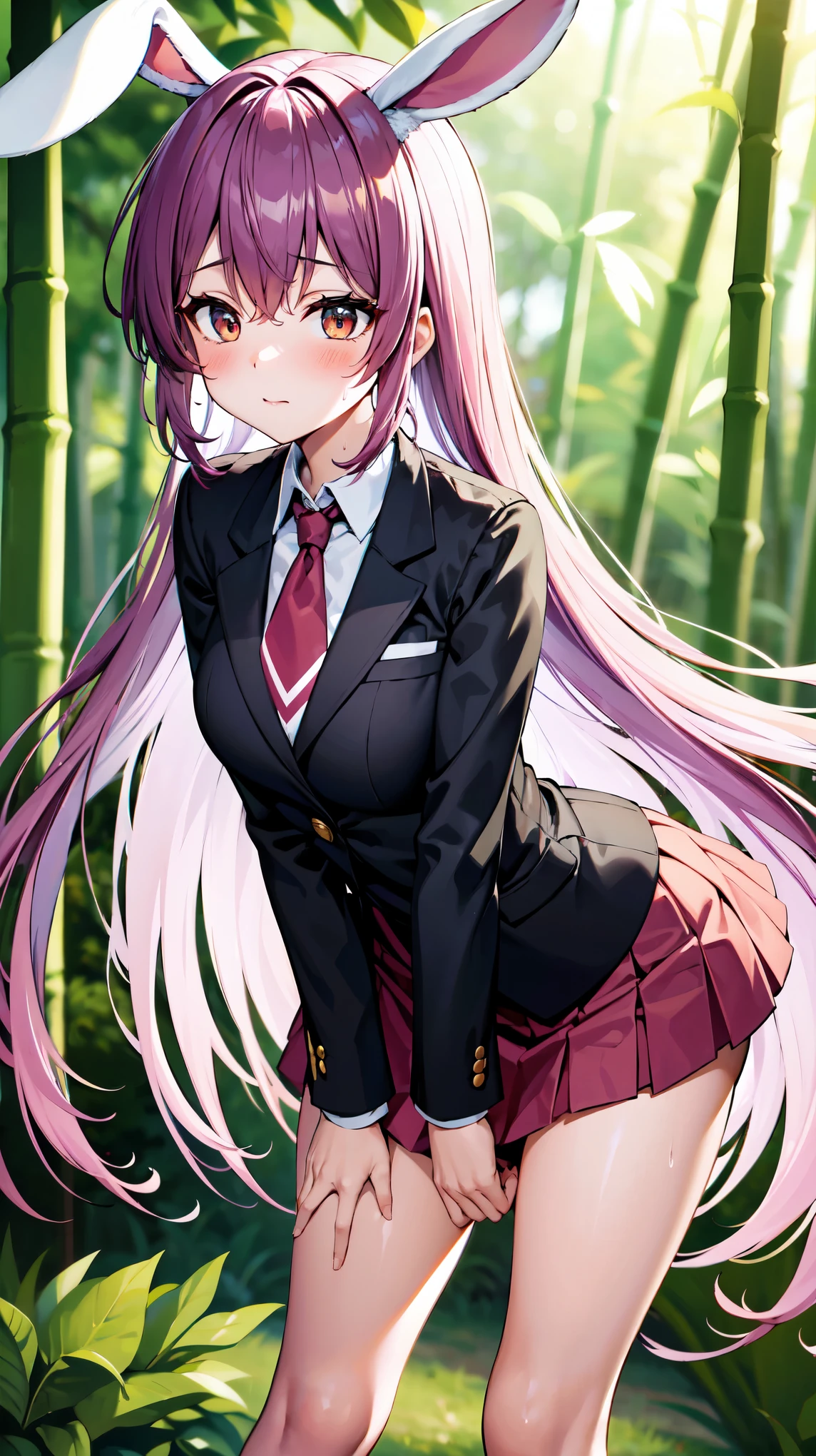 （（super high quality,Ultra-high resolution,16K,super masterpiece,Ultra HD,Ultra high definition,））One high school girl,White bunny ears,Very long straight purple hair,Slender body,Black blazer,White dress shirt,Long red tie,Pink mini skirt,White socks,blush,Looks at me so shyly,Leaning forward greatly,Hands tucked between the crotches,Sweaty,Bamboo forest in the morning sun,A strong wind is blowing,The wind messes up my hair and skirt,