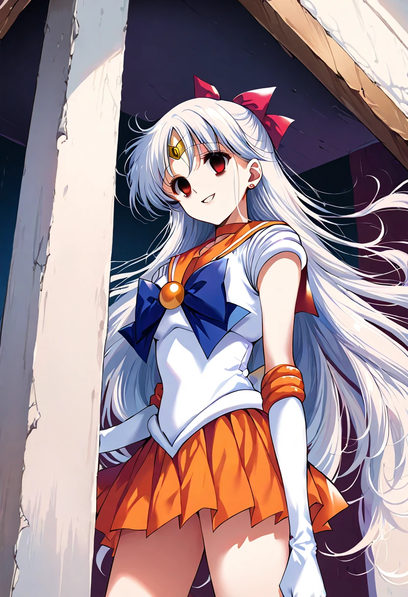(masterpiece, Highest quality, so beautiful, Very detailed), Intricate details, 12k, Honestly,Awe-inspiring, Long Hair, Blonde, Hair Ribbon, tiara, Earrings, blue eyes, Orange Choker, Orange sailor collar, Blue ribbon, White shirt, Elbow hand pockets, White gloves, Pleated skirt, Orange Skirt, barefoot, Are standing, Cowboy Shot,,(Wicked Smile:1.2), One person,(Silver Hair:1.4),(empty eyes,:1.4),From below,Watching the dawn,Dark aura,View your audience,(red eyes:1.2),
