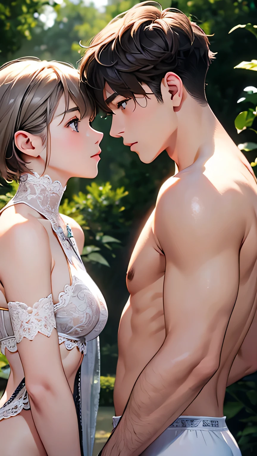Highest quality、Realistic、zoom、male、twins、cute、Grey Eyes、Light brown hair、short hair、White briefs、thin、Gazing at each other、living、Bust Shot