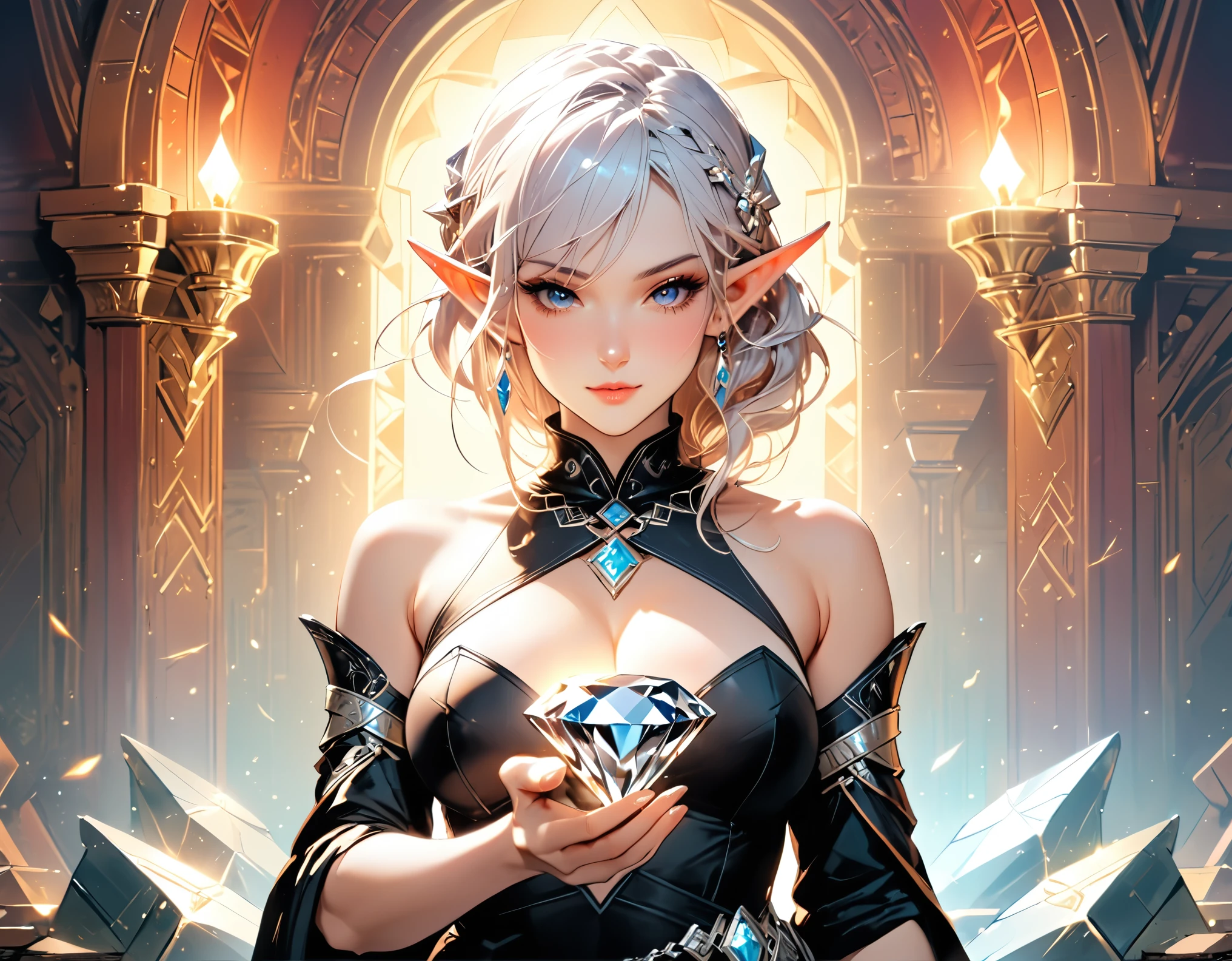 a picture of an elf thief holding an epic diamond in a vault, a female elf thief, full body, small pointy ears, dynamic hair color, dynamic hair style, pale skin, ultra detailed face, wearing black leather leotard, busty, small cleavage, high heel boots, she is happy for reaching her goal, success,  holding an epic sized (diamond: 1.3), brilliant diamond, many facets, diamond, fantasy safe vault background, torchlight,  vibrant, Ultra-high resolution, High Contrast, (masterpiece:1.5), highest quality, Best aesthetics), best details, best quality, highres, 16k, [ultra detailed], masterpiece, best quality, (extremely detailed) RAW, (ultra details, Masterpiece, best quality), diamondWM