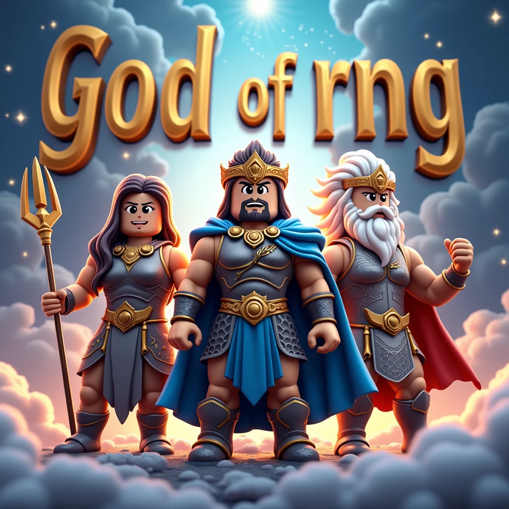 Posidon kratos and zeus as a roblox character (add text saying “God of RNG” in the background and make it big)