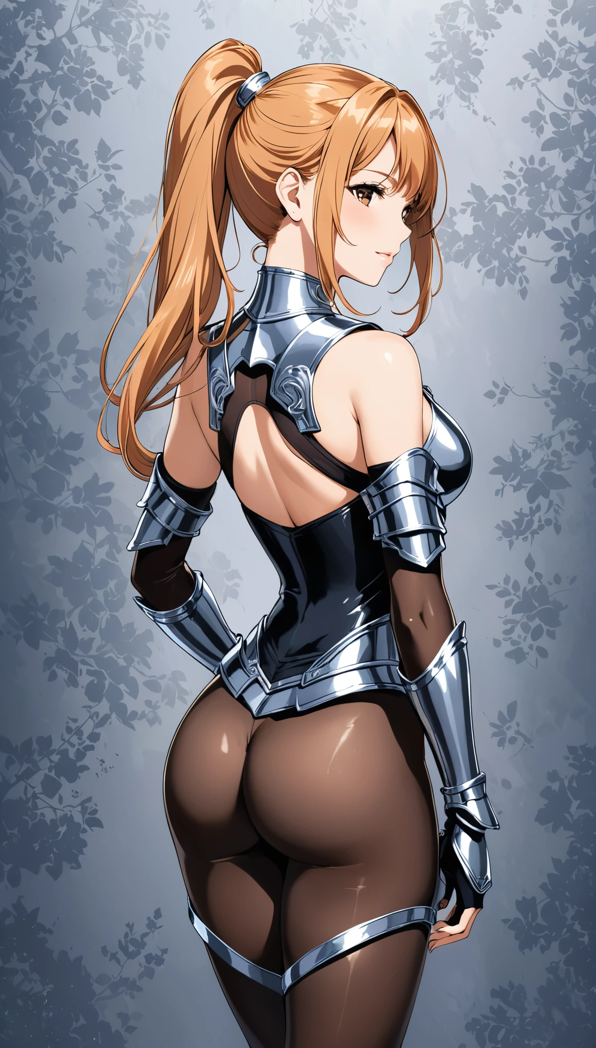 in style of Arthur Adams
(1 girl character concept design),half body,from the back,bikini_armor,see through fullbodystocking under the armor,(arm_held_back,gravure_pose:1.8),raise your arms,(arched_back:2),high ponytail,incredibly long hair
