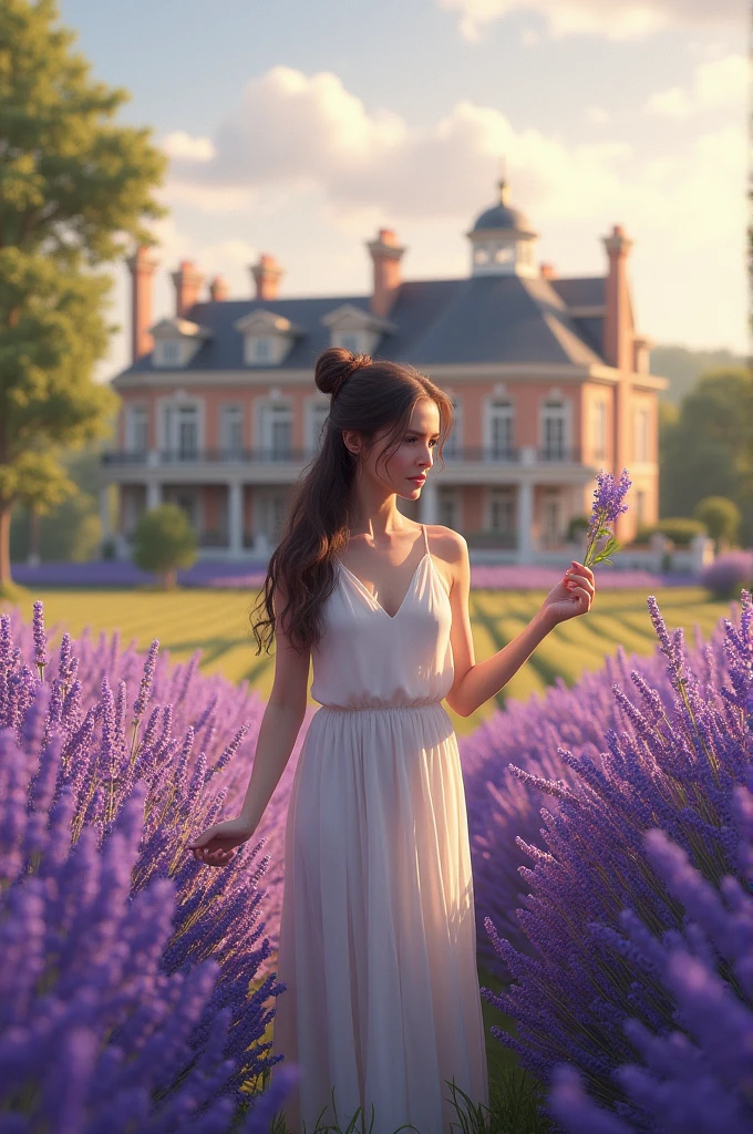 A beautiful lavender farm. A rich house in the background of the farm. A beautiful girl is walking in the farm. The girl is having a lavender flower in her hand