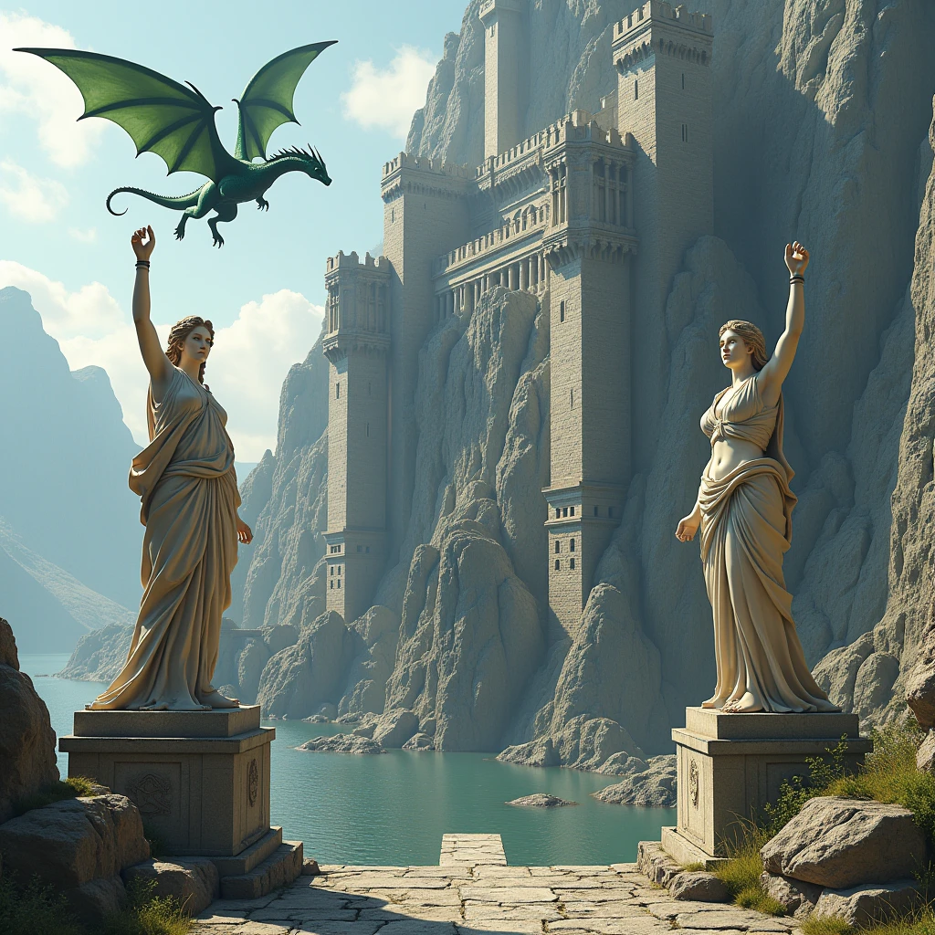 Make me an ultra realistic image. Make a medieval fortress attached to a mountain. There are two statues of a woman from ancient Greece, with hands raised to the sky. There is a huge green dragon flying overhead.