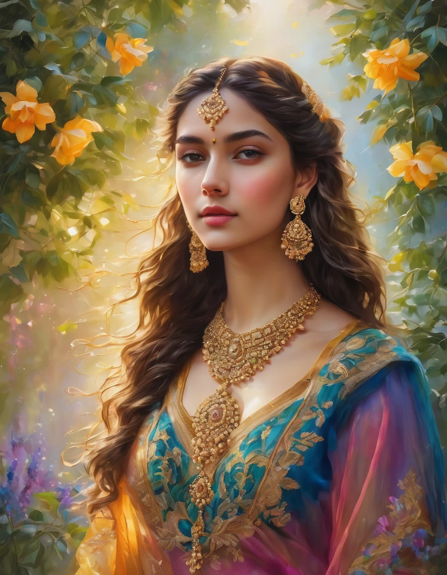 a beautiful girl in a lush garden, long flowing hair, detailed face, earrings and necklace, elegant dress detailed and intricate gold thread embroidery, serene expression, sunlight filtered through the trees, vibrant colors, sketch color, photorealistic, 8k, hyper-detailed, masterpiece