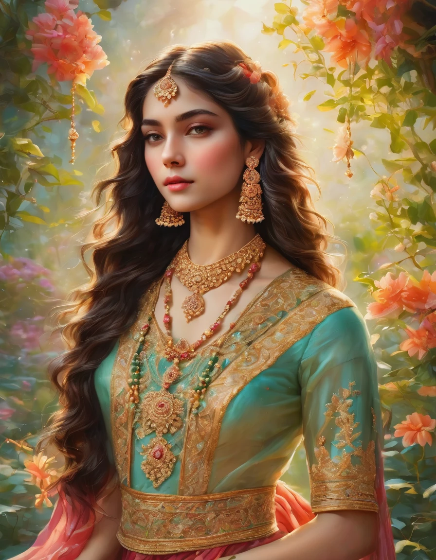 a beautiful girl in a lush garden, long flowing hair, detailed face, earrings and necklace, elegant dress detailed and intricate gold thread embroidery, serene expression, sunlight filtered through the trees, vibrant colors, sketch color, photorealistic, 8k, hyper-detailed, masterpiece