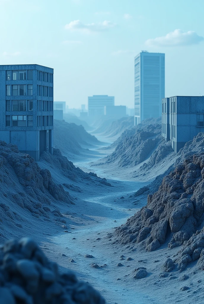 Realistic 8K image featuring different buildings, each located in different soils, like sandy, clayey, only dark, only clear and only compact. The image gives a greater focus on soil details, highlighting its textures, colors and features. Predominant shades of blue are used to create visual harmony, gifts in heaven, in the shadows of buildings and in subtle elements of buildings, contrasting with the natural colors of the soil. The scene emphasizes the diversity of terrains and their influence on buildings, highlighting the technical and geological aspect