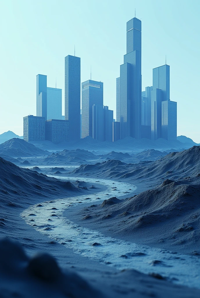 Realistic 8K image featuring different buildings, each located in different soils, like sandy, clayey, only dark, only clear and only compact. The image gives a greater focus on soil details, highlighting its textures, colors and features. Predominant shades of blue are used to create visual harmony, gifts in heaven, in the shadows of buildings and in subtle elements of buildings, contrasting with the natural colors of the soil. The scene emphasizes the diversity of terrains and their influence on buildings, highlighting the technical and geological aspect