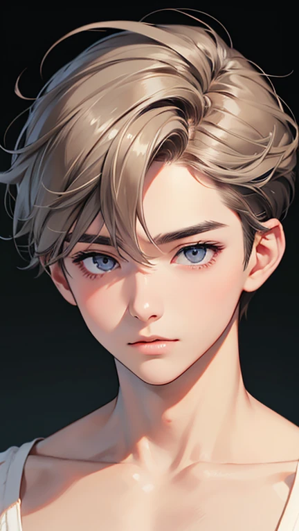 Highest quality、Realistic、zoom、male、、cute、Grey Eyes、Light brown hair、short hair、White briefs、thin、stare、living、Bust Shot