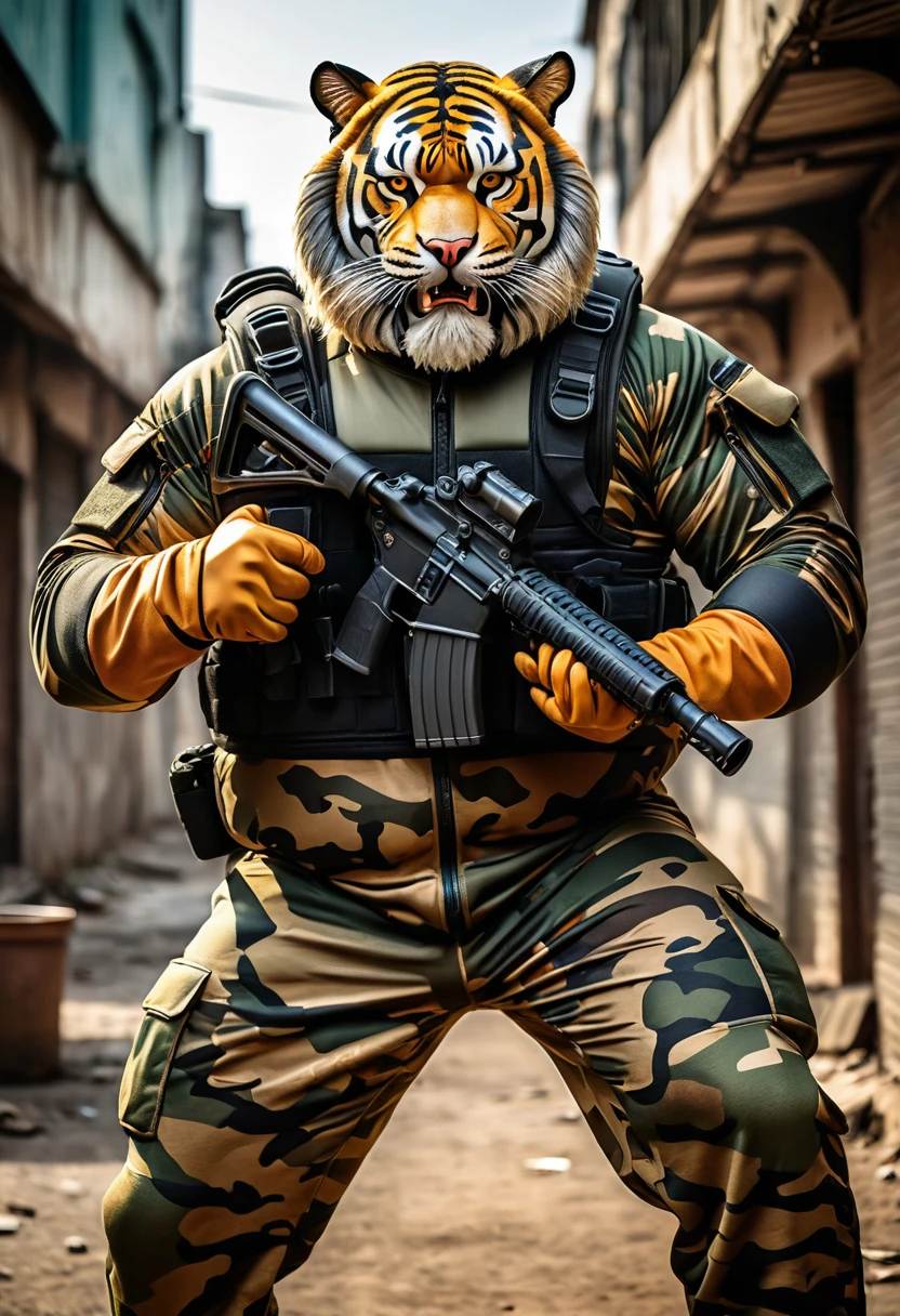 (a dark-skinned bearded fat muscular old man in a bulky army camouflage zipper diver suit) holding a gun, (wearing a small-sized realistic roaring tiger mask), dynamic action pose, fierce expression, showcasing an imposing stature, surrounded by military elements, dramatic shadows and intense highlights, cinematic color tones, high detail, powerful, art influenced by Bruce Onobrakpeya and Stanley Artgerm, ultra-detailed, best quality image, action-packed atmosphere. thumbs up pose