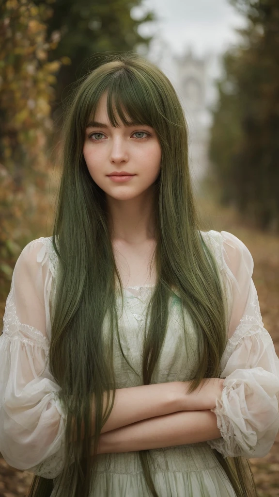 
a girl. European. Extremely detailed face. Oval face. Delicate facial features. Half-closed eyes. gentle. Long straight hair. Messy hair. Bangs. Green hair. Green eyes. Pensive. Melancholic. Ethereal. Innocent. smile
