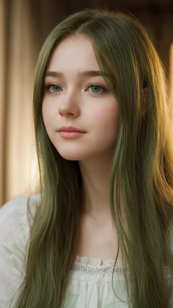 a girl. European. Extremely detailed face. Oval face. Delicate facial features. Half-closed eyes. gentle. Long straight hair. Messy hair. Bangs. Green hair. Green eyes. Pensive. Melancholic. Ethereal. Innocent. smile