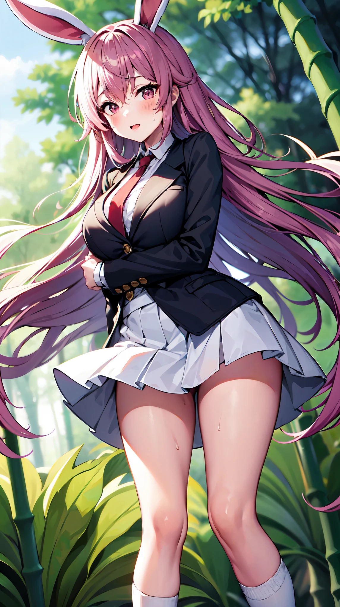 （（super high quality,Ultra-high resolution,16K,super masterpiece,Ultra HD,Ultra high definition,））One high school girl,White bunny ears,Very long straight purple hair,Slender body,Black blazer,All buttons are unbuttoned,White dress shirt,Long red tie,Pink mini skirt,White socks,blush,Looks at me so shyly,Leaning forward greatly,Hands tucked between the crotches,Sweaty,Bamboo forest in the morning sun,A strong wind is blowing,The wind messes up my hair and skirt,