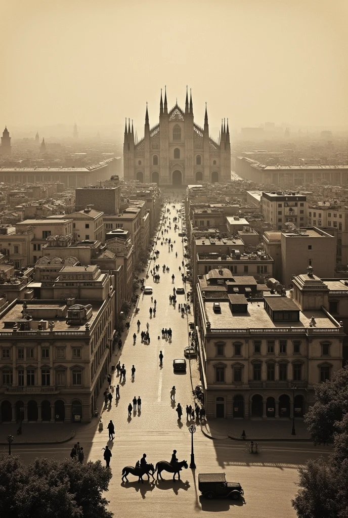 Make a picture of the city of Milan at the beginning of the 20th century, from an aerial perspective and to appreciate the buildings and architecture. Make the image in horizontal format.