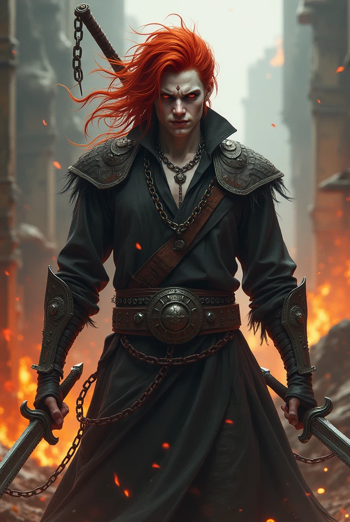 General Plan Young redhead with pale white skin. his eyes are red and black without any trace of white, he has a sadistic smile and a terrifying look, he is athletic and he is dressed in a red sleeveless coat, and black pants and black boots,He fights with two swords to which are attached to the pomo two large chains that he can control as he likes, he uses a power of telekinesis on his chains to be able to launch them and change their trajectory as he wishes, behind him there are burning ruins,