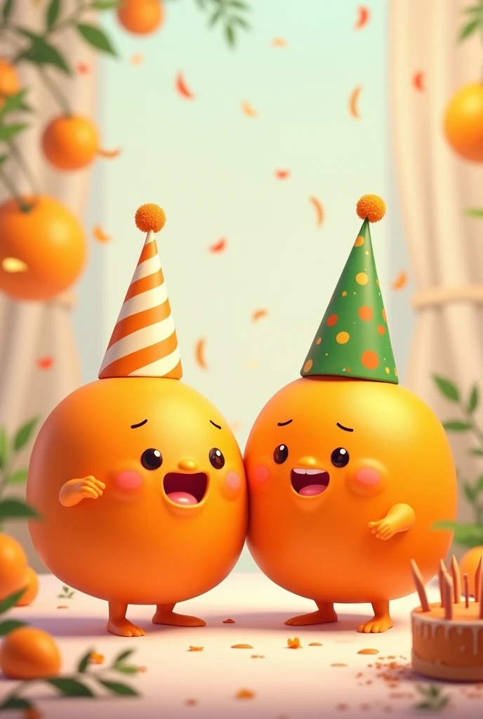 create a picture, where two tangerines are depicted. One of the tangerines has a birthday, and the second tangerine congratulates her