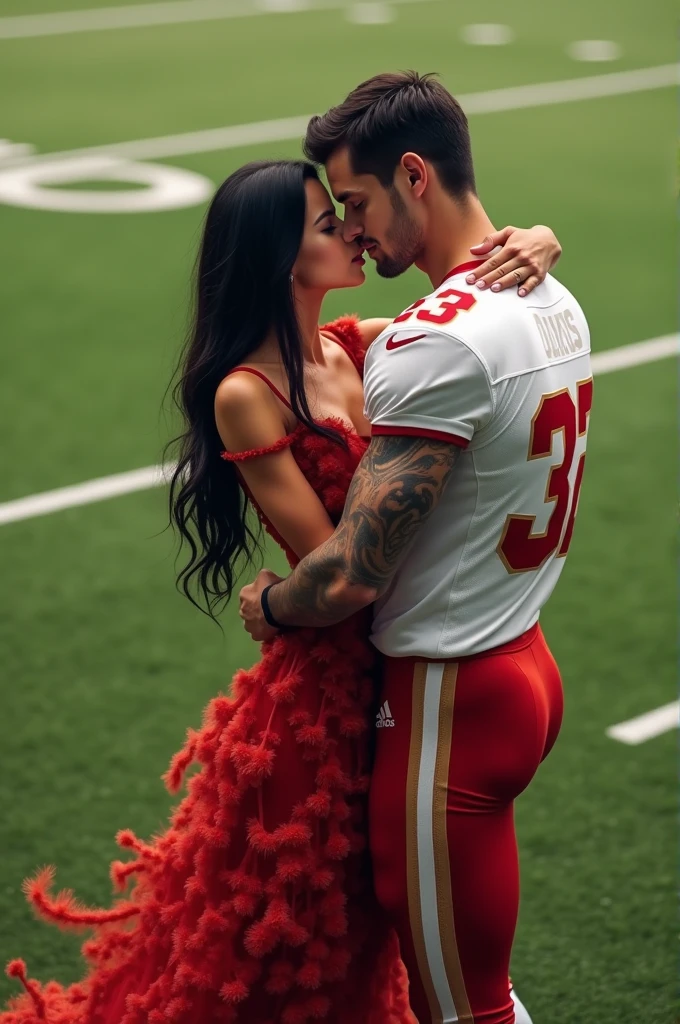  A woman and man standing in football ground looking at each lovingly and hugging and kissing each other.woman is wearing a dress and glasses.she has black hair .man is wearing a white and red 32 number jersey. Man is 1 feet taller than girl.  Man one foot standing on soccer ball . Girl is wearing high heel and  long red dress make girl hair set. Make them realistic jersey no 32. man s arm cover with tattoo. woman s hand in man s hair and man s arm rests on women s back. Man and woman kissing each other . Remove man s tatoo. jersey no 32. Woman is wearing high heel  make dress floral and fluffy. Man is 1 feet taller than woman . Kissing each other 