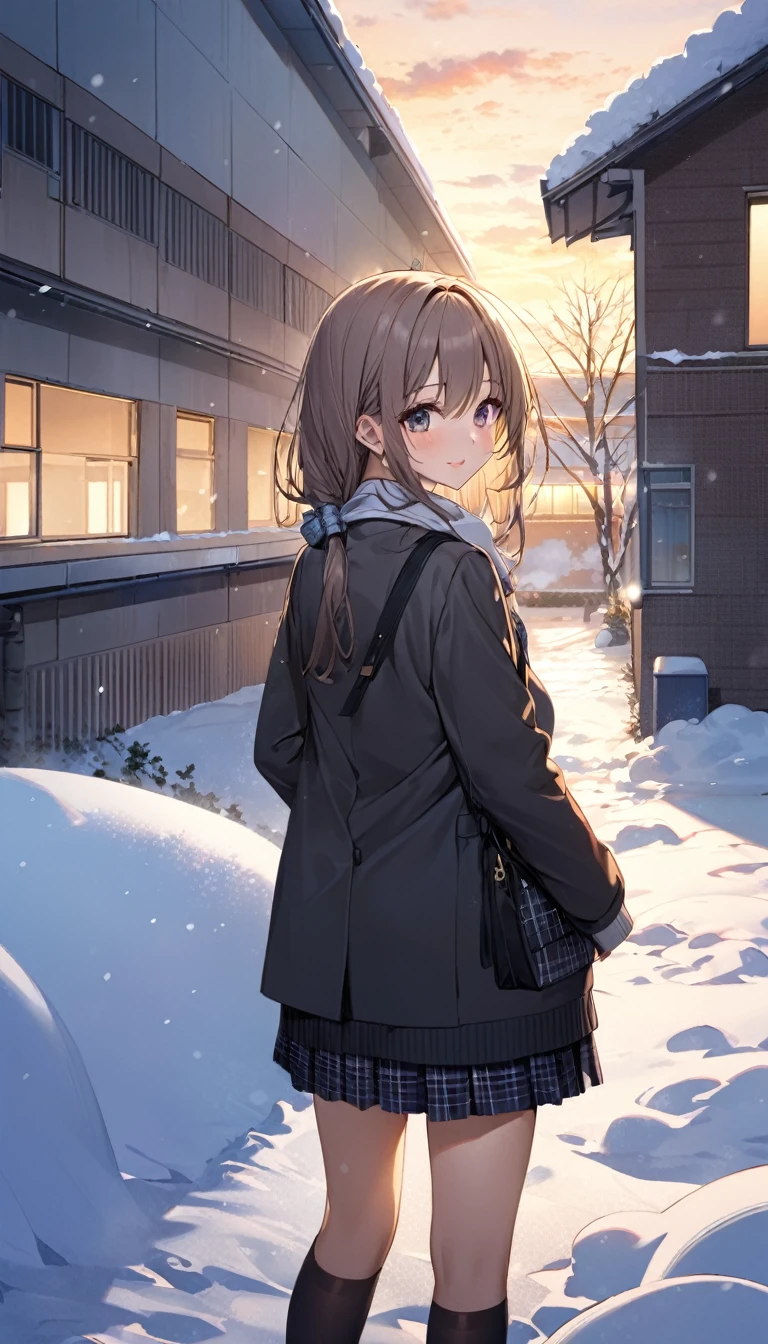 One Woman、beautiful girl、after school、evening、high school girl、School、Back of the school building、winter、Keyaki Tree々、Snow all over、it's snowing、Snowfall、Blazer Uniform、Pleated skirt、Duffle coat、Scarf、Black knee-high socks、Long Hair、Scarfを着用する、Highest quality、Ultra HD、 Black Pantyhose、Thick thighs、Big Ass、Black Hair、Black panties、White Breath