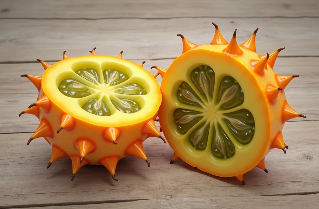 I want an icon for my app of a Cucumis metuliferus, the fruit should look extremely juicy and should show the fruit cut in half so the inside juicy part is showing. It should look a bit 3d/cgi but not too fake