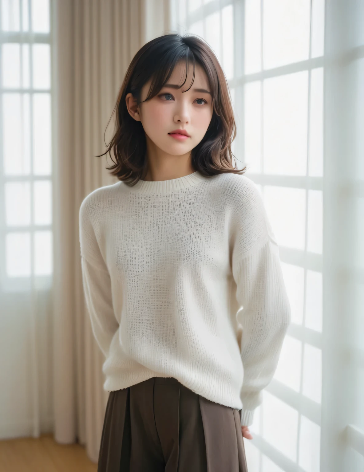 japanese woman, (close-up:2), (natural lighting),wavy hair, forehead, (dark brown eyes),(from side), (downward slanting eyes),pouty,
(white sweater),(dyanmic posing)
(see-through curtain, bright room)