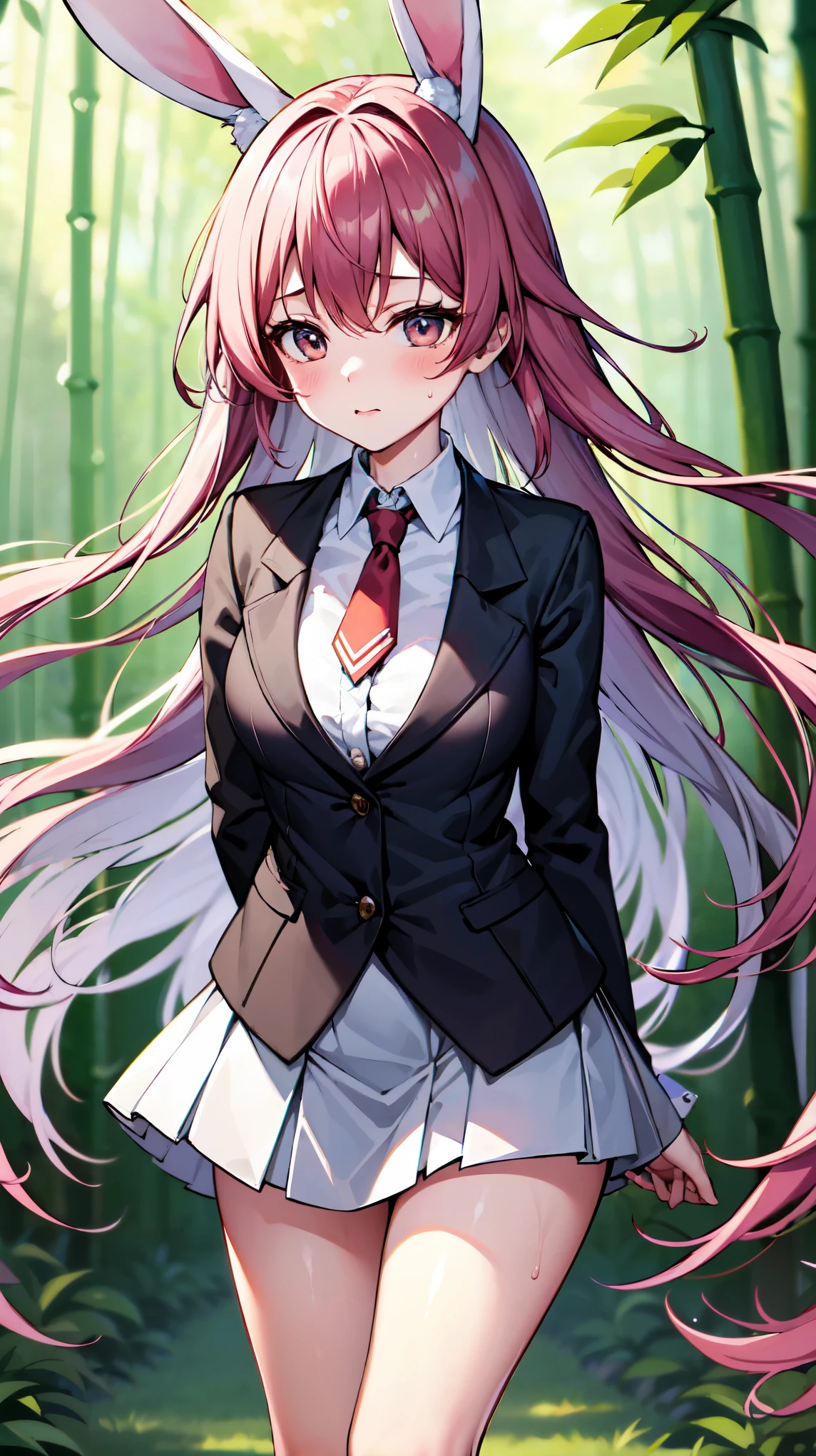 （（super high quality,Ultra-high resolution,16K,super masterpiece,Ultra HD,Ultra high definition,））One high school girl,White bunny ears,Very long straight purple hair,Slender body,Black blazer,All buttons are unbuttoned,White dress shirt,Long red tie,Pink mini skirt,White socks,blush,Looks at me so shyly,Leaning forward greatly,Hands tucked between the crotches,Sweaty,Bamboo forest in the morning sun,A strong wind is blowing,The wind messes up my hair and skirt,