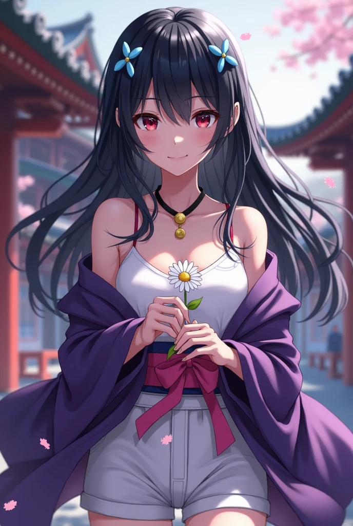 Girl,black hair,black necklace with circle gold charm, dark red eyes,two crossed sky blue hair pins,purple kimono jacket,show shoulders,totally sleeveless top,white top,pink ribbon around waist,white shorts,holding a daisy,background is Japanese temple 